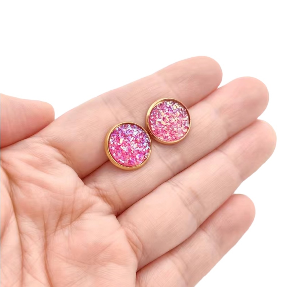 Hot Pink Glitter and Gold Round Stud Earrings - Picture 2 of 7